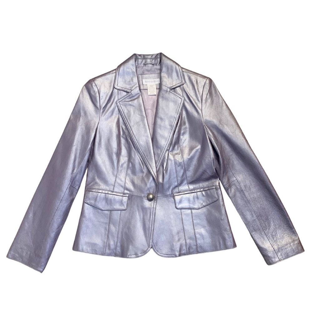 Worthington Metallic Silver Purple Genuine Leather Jacket Blazer Y3K Cyber 2000s